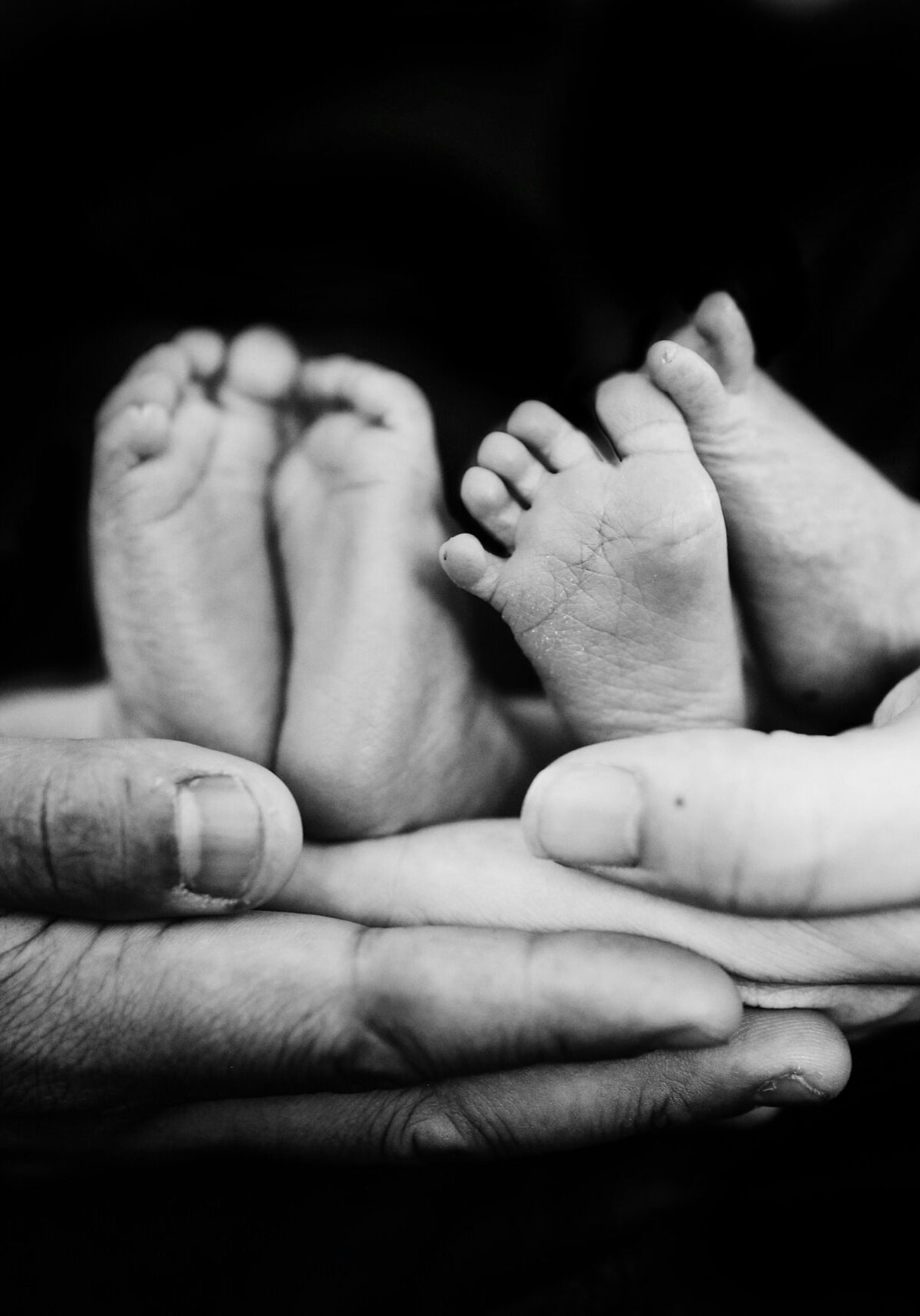 Two hands holding babies feet.